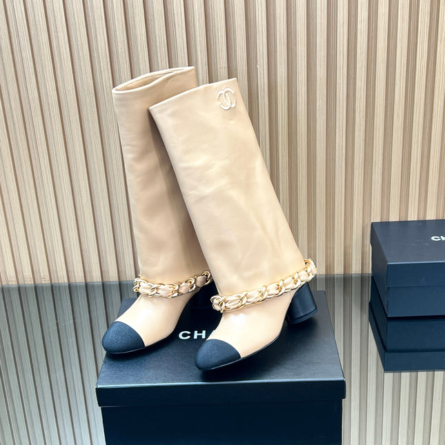 CHANEL 25S HIGH BOOTS 65MM IN BEIGE CALFSKIN GOLD HARDWRE