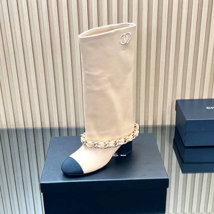 CHANEL 25S HIGH BOOTS 65MM IN BEIGE CALFSKIN GOLD HARDWRE