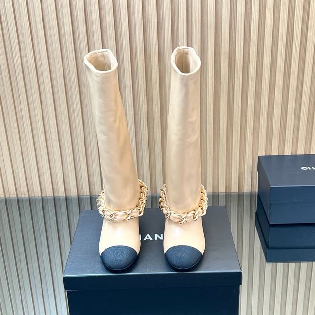 CHANEL 25S HIGH BOOTS 65MM IN BEIGE CALFSKIN GOLD HARDWRE