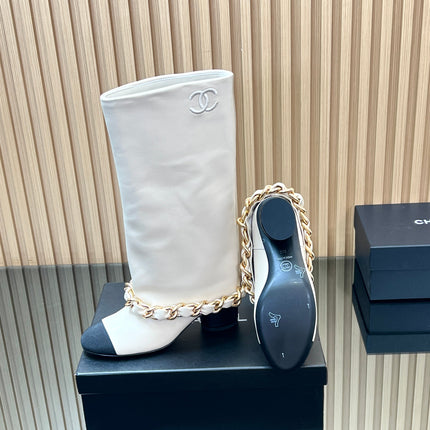 CHANEL 25S HIGH BOOTS 65MM IN WHITE CALFSKIN GOLD HARDWRE
