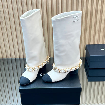 CHANEL 25S HIGH BOOTS 65MM IN WHITE CALFSKIN GOLD HARDWRE