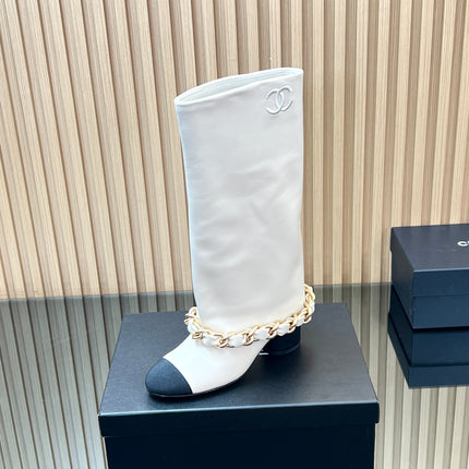 CHANEL 25S HIGH BOOTS 65MM IN WHITE CALFSKIN GOLD HARDWRE
