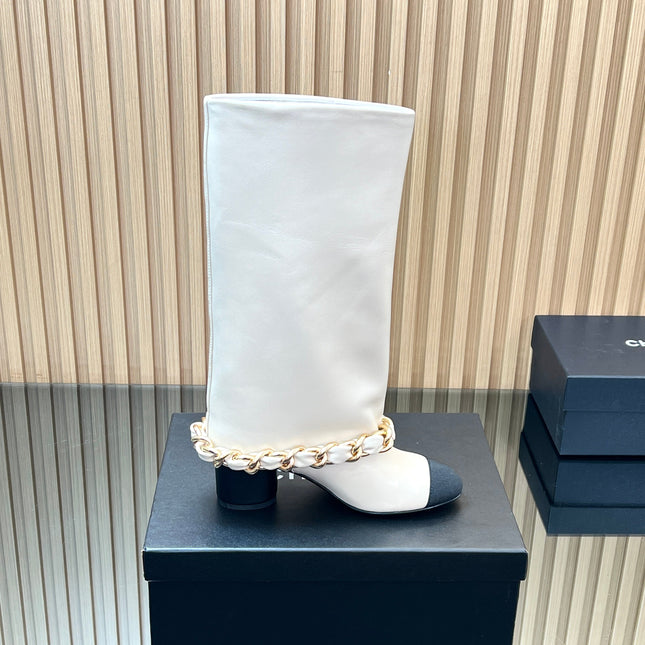 CHANEL 25S HIGH BOOTS 65MM IN WHITE CALFSKIN GOLD HARDWRE