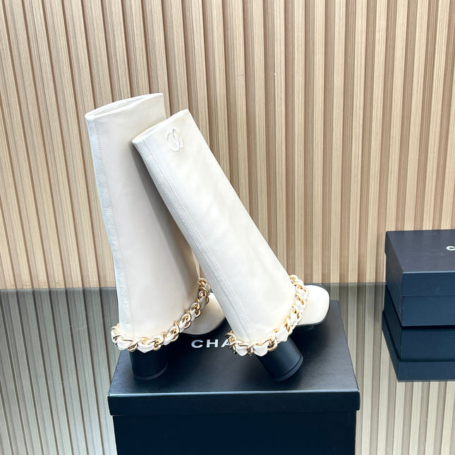 CHANEL 25S HIGH BOOTS 65MM IN WHITE CALFSKIN GOLD HARDWRE