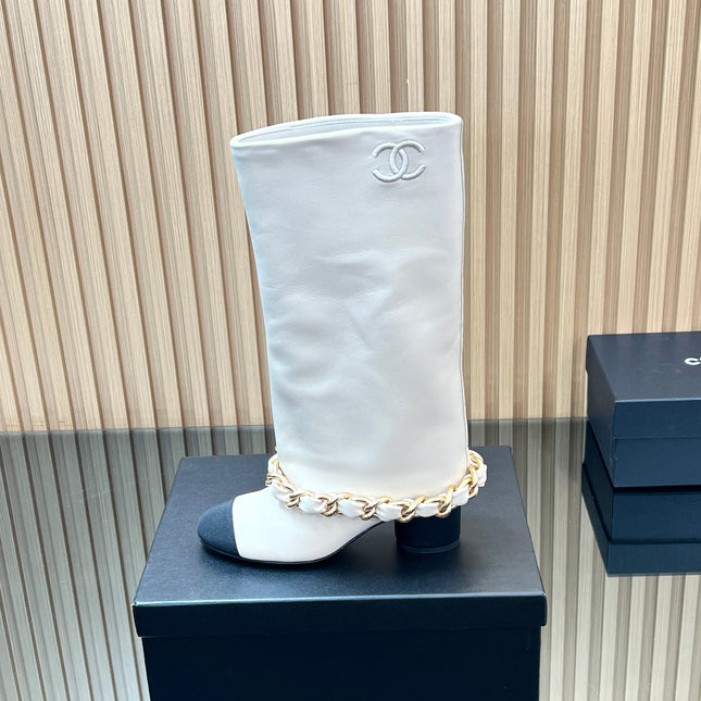 CHANEL 25S HIGH BOOTS 65MM IN WHITE CALFSKIN GOLD HARDWRE