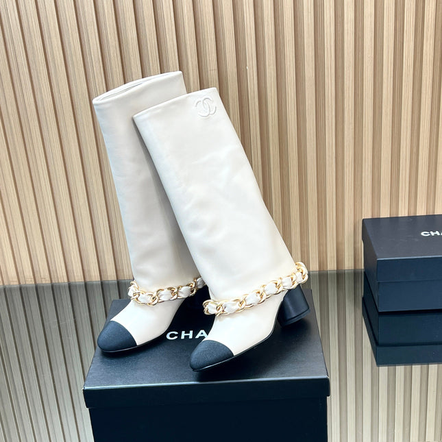 CHANEL 25S HIGH BOOTS 65MM IN WHITE CALFSKIN GOLD HARDWRE