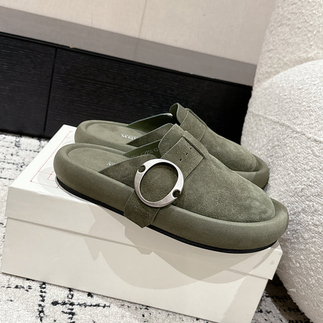 ARC CLOG MULES IN THYME GREEN SUEDE