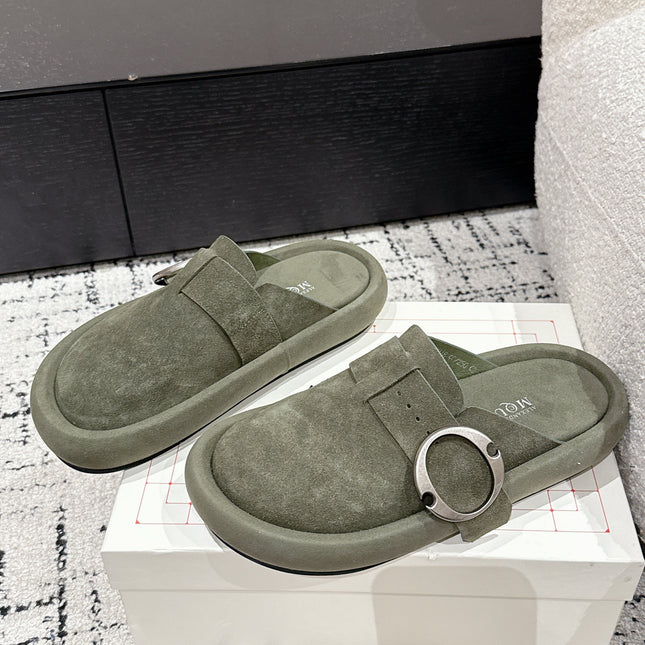 ARC CLOG MULES IN THYME GREEN SUEDE