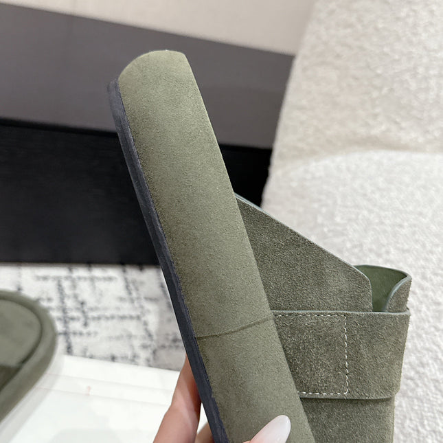 ARC CLOG MULES IN THYME GREEN SUEDE