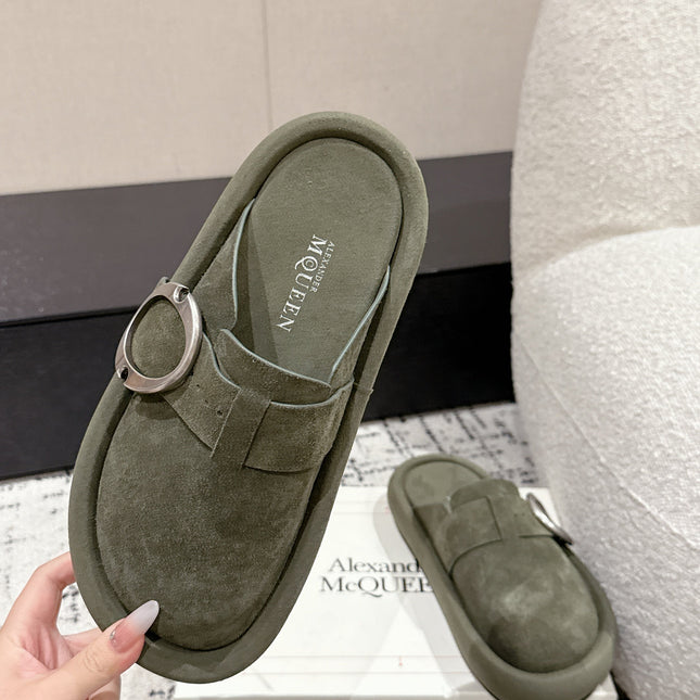 ARC CLOG MULES IN THYME GREEN SUEDE