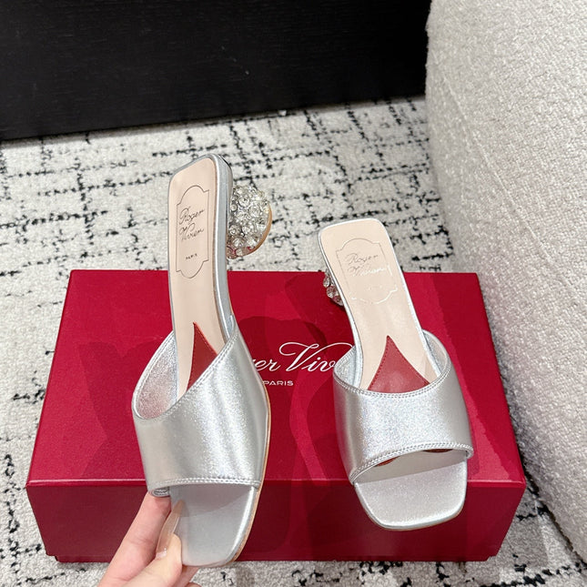 ROGER VIVIER 25S CRYSTAL HEEL MULE IN SILVER CALFSKIN