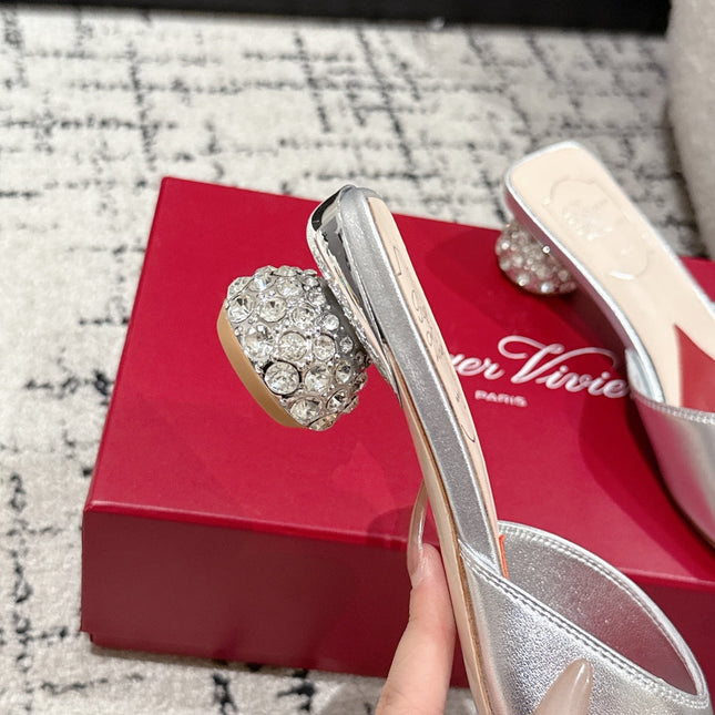 ROGER VIVIER 25S CRYSTAL HEEL MULE IN SILVER CALFSKIN