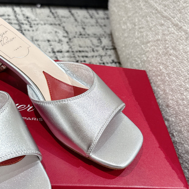 ROGER VIVIER 25S CRYSTAL HEEL MULE IN SILVER CALFSKIN