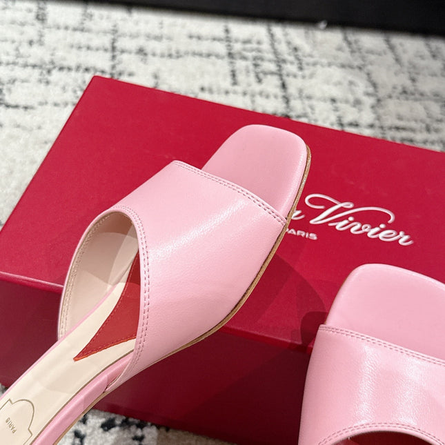 ROGER VIVIER 25S CRYSTAL HEEL MULE IN LIGHT PINK CALFSKIN