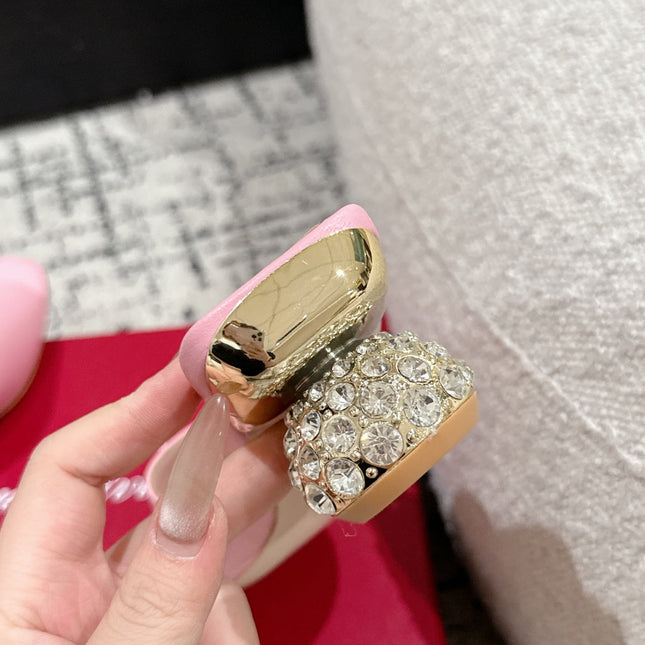 ROGER VIVIER 25S CRYSTAL HEEL MULE IN LIGHT PINK CALFSKIN