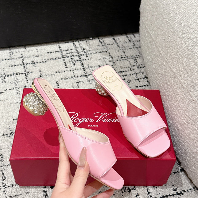 ROGER VIVIER 25S CRYSTAL HEEL MULE IN LIGHT PINK CALFSKIN