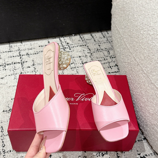 ROGER VIVIER 25S CRYSTAL HEEL MULE IN LIGHT PINK CALFSKIN