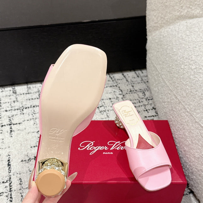 ROGER VIVIER 25S CRYSTAL HEEL MULE IN LIGHT PINK CALFSKIN