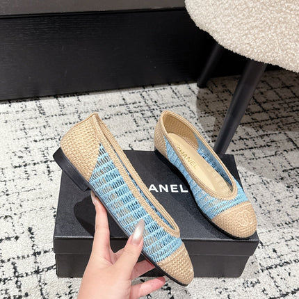 BALLET FLAT 25S IN BLUE AND BEIGE RAFFIA