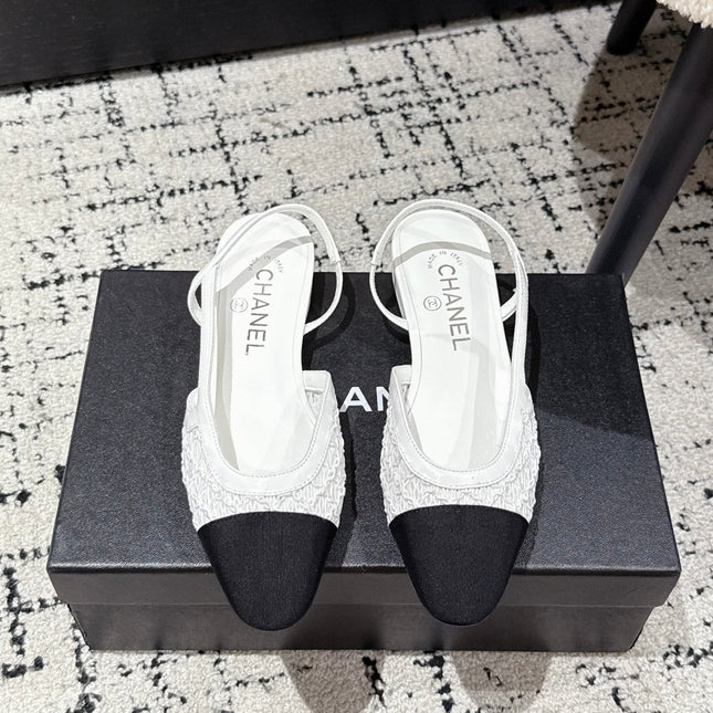 SLINGBACK 25S IN WHITE FABRIC AND BLACK CALFSKIN CANVAS