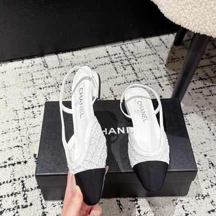 SLINGBACK 25S IN WHITE FABRIC AND BLACK CALFSKIN CANVAS