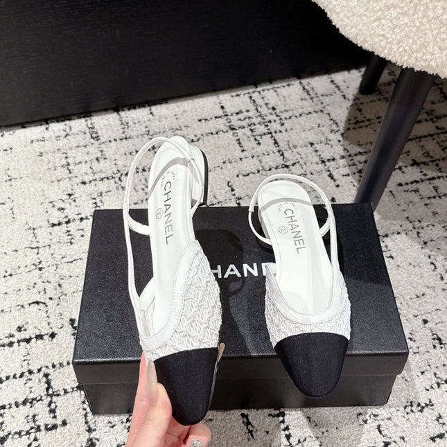 SLINGBACK 25S IN WHITE FABRIC AND BLACK CALFSKIN CANVAS