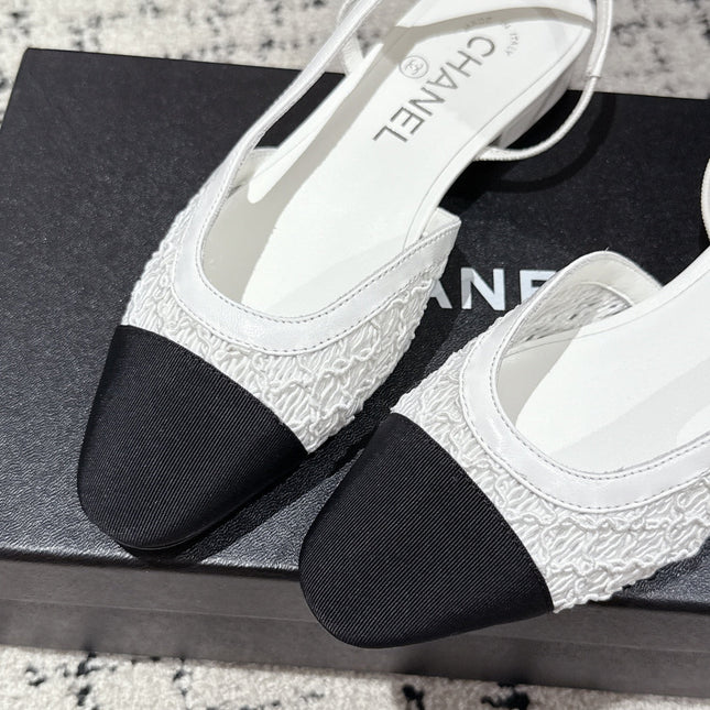 SLINGBACK 25S IN WHITE FABRIC AND BLACK CALFSKIN CANVAS