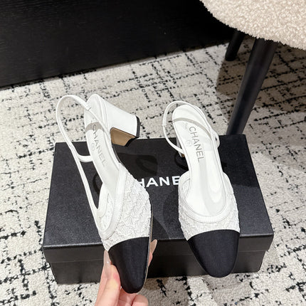 HIGH SLINGBACK 25S IN WHITE FABRIC AND BLACK CALFSKIN CANVAS