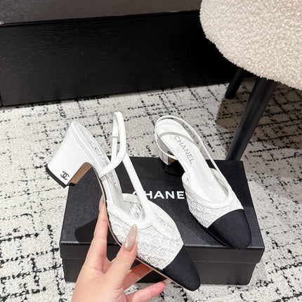 HIGH SLINGBACK 25S IN WHITE FABRIC AND BLACK CALFSKIN CANVAS