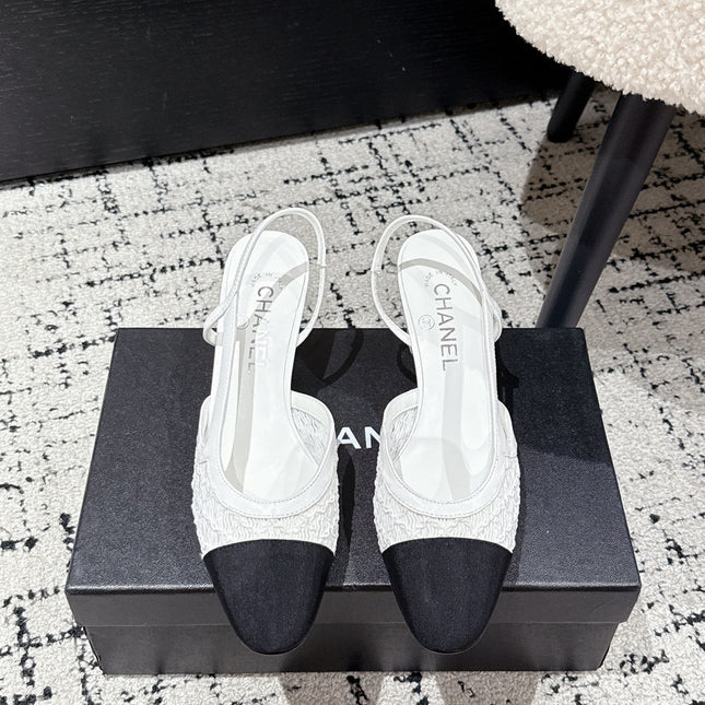HIGH SLINGBACK 25S IN WHITE FABRIC AND BLACK CALFSKIN CANVAS
