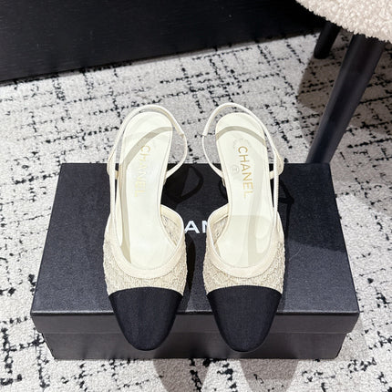 HIGH SLINGBACK 25S IN OFF WHITE FABRIC AND BLACK CALFSKIN CANVAS