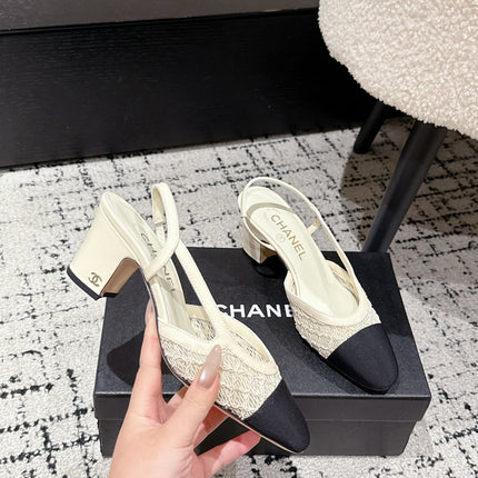 HIGH SLINGBACK 25S IN OFF WHITE FABRIC AND BLACK CALFSKIN CANVAS