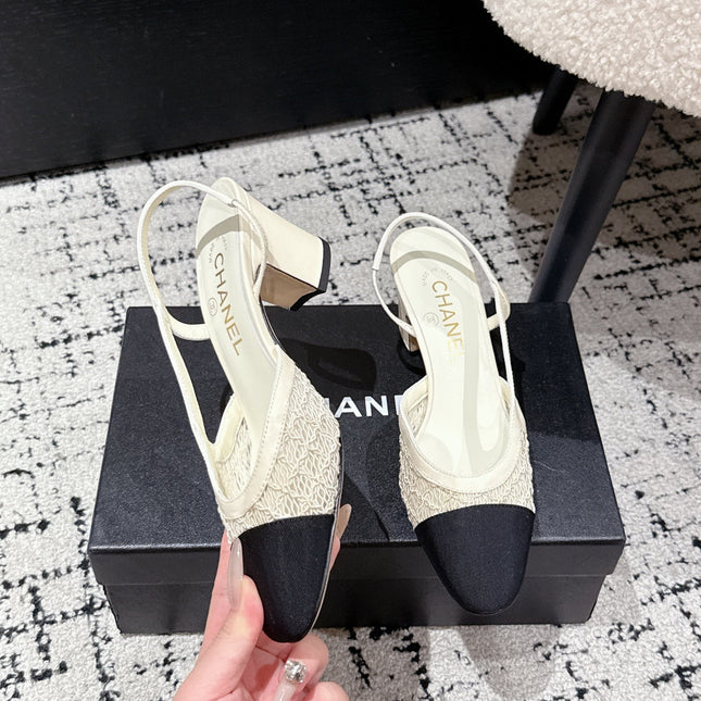HIGH SLINGBACK 25S IN OFF WHITE FABRIC AND BLACK CALFSKIN CANVAS