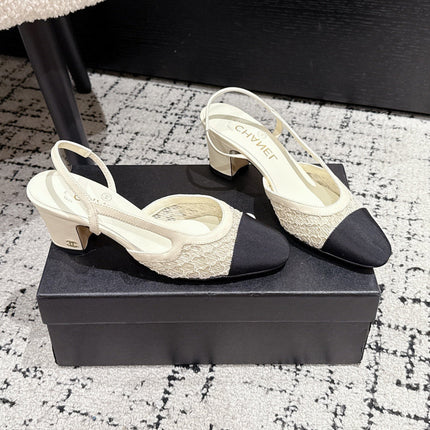 HIGH SLINGBACK 25S IN OFF WHITE FABRIC AND BLACK CALFSKIN CANVAS