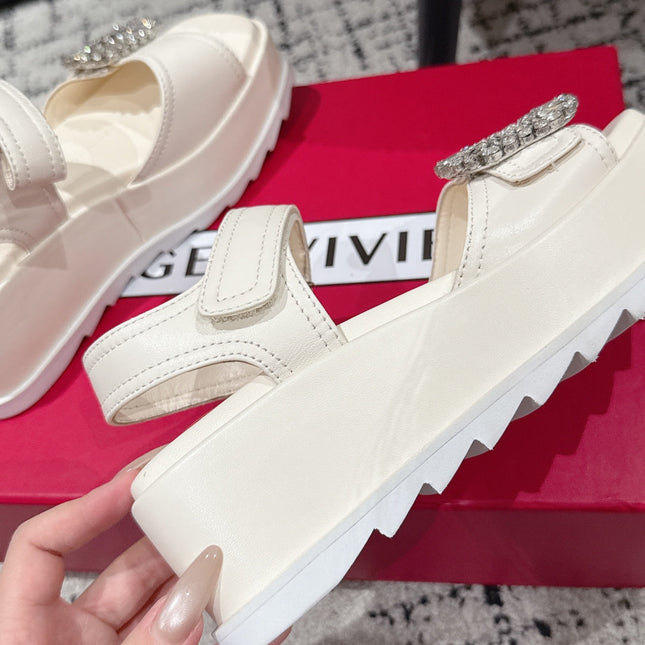 ROGER VIVIER 25S SLIDY VIV' WEDGE SANDALS 70 MM IN IVORY CALFSKIN EMBELLISHED CRYSTALS