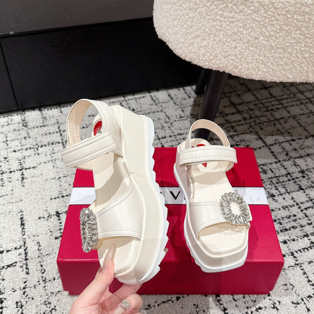 ROGER VIVIER 25S SLIDY VIV' WEDGE SANDALS 70 MM IN IVORY CALFSKIN EMBELLISHED CRYSTALS