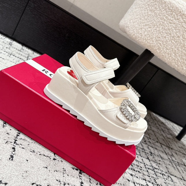 ROGER VIVIER 25S SLIDY VIV' WEDGE SANDALS 70 MM IN IVORY CALFSKIN EMBELLISHED CRYSTALS