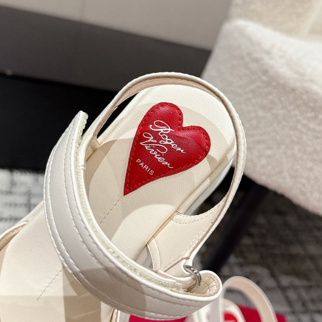 ROGER VIVIER 25S SLIDY VIV' WEDGE SANDALS 70 MM IN IVORY CALFSKIN EMBELLISHED CRYSTALS