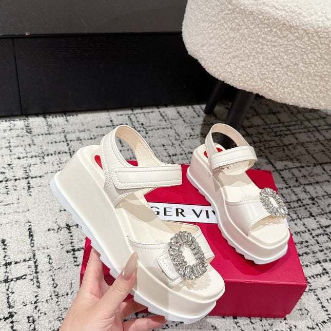 ROGER VIVIER 25S SLIDY VIV' WEDGE SANDALS 70 MM IN IVORY CALFSKIN EMBELLISHED CRYSTALS