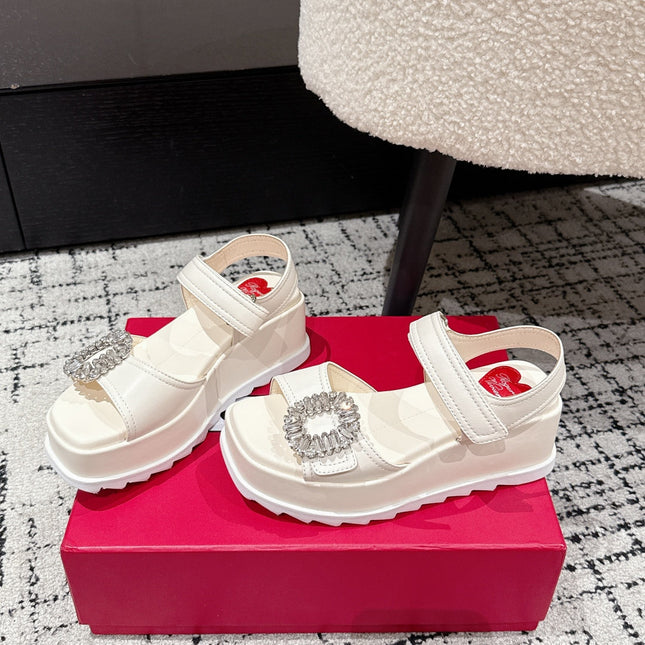 ROGER VIVIER 25S SLIDY VIV' WEDGE SANDALS 70 MM IN IVORY CALFSKIN EMBELLISHED CRYSTALS