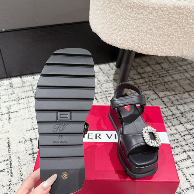 ROGER VIVIER 25S SLIDY VIV' WEDGE SANDALS 70 MM IN BLACK CALFSKIN EMBELLISHED CRYSTALS