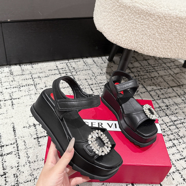 ROGER VIVIER 25S SLIDY VIV' WEDGE SANDALS 70 MM IN BLACK CALFSKIN EMBELLISHED CRYSTALS