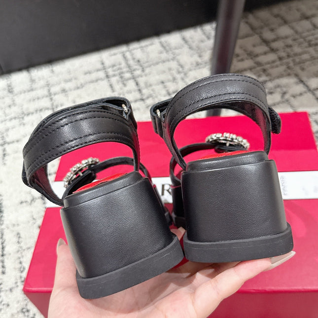 ROGER VIVIER 25S SLIDY VIV' WEDGE SANDALS 70 MM IN BLACK CALFSKIN EMBELLISHED CRYSTALS