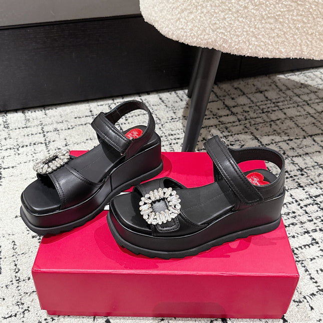 ROGER VIVIER 25S SLIDY VIV' WEDGE SANDALS 70 MM IN BLACK CALFSKIN EMBELLISHED CRYSTALS