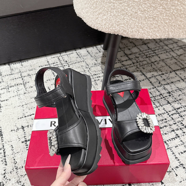 ROGER VIVIER 25S SLIDY VIV' WEDGE SANDALS 70 MM IN BLACK CALFSKIN EMBELLISHED CRYSTALS