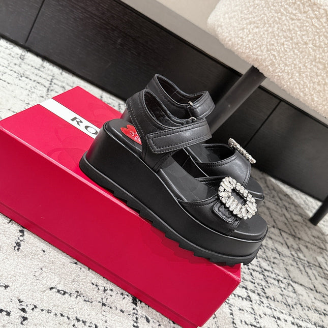 ROGER VIVIER 25S SLIDY VIV' WEDGE SANDALS 70 MM IN BLACK CALFSKIN EMBELLISHED CRYSTALS