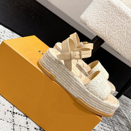LV PLATFORM ESPADRILLE SANDALS 25S IN BEIGE FABRIC