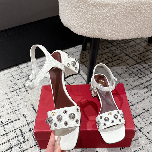 VLTN STUDDED BLOCK HEEL SANDALS 25S 60 MM IN WHITE LAMBSKIN