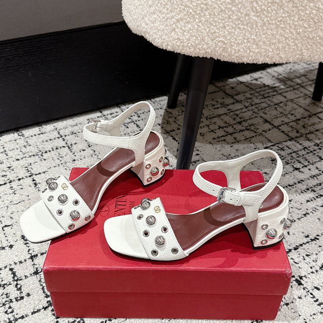 VLTN STUDDED BLOCK HEEL SANDALS 25S 60 MM IN WHITE LAMBSKIN