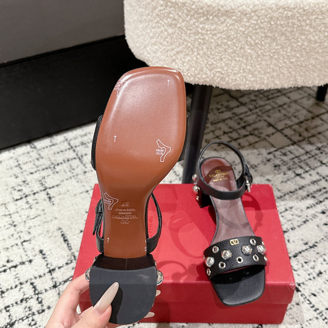 VLTN STUDDED BLOCK HEEL SANDALS 25S 60 MM IN BLACK LAMBSKIN